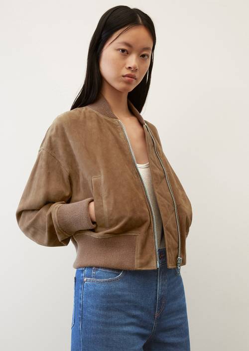 Kort leren bomberjack umbra brown in vooraanzicht