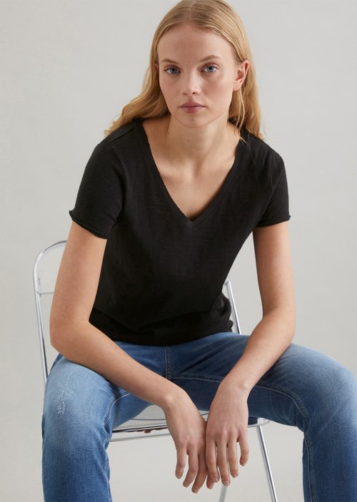 Marc O'Polo T-shirt met V-hals regular, Dames, zwart, S, 100% Katoen