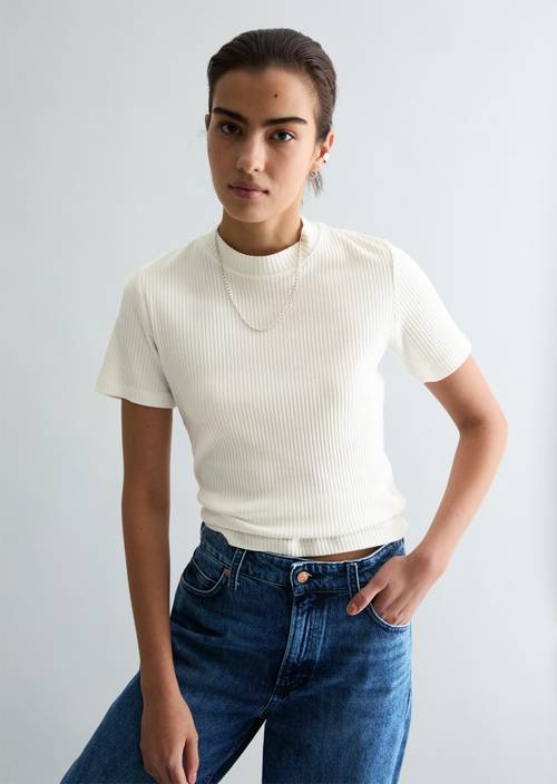 Ribbed jersey T-shirt slim Silky White in front view