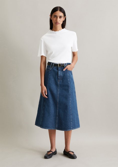 Marc O'Polo Midi denim rok midi, Dames, blauw, M, 100% Katoen