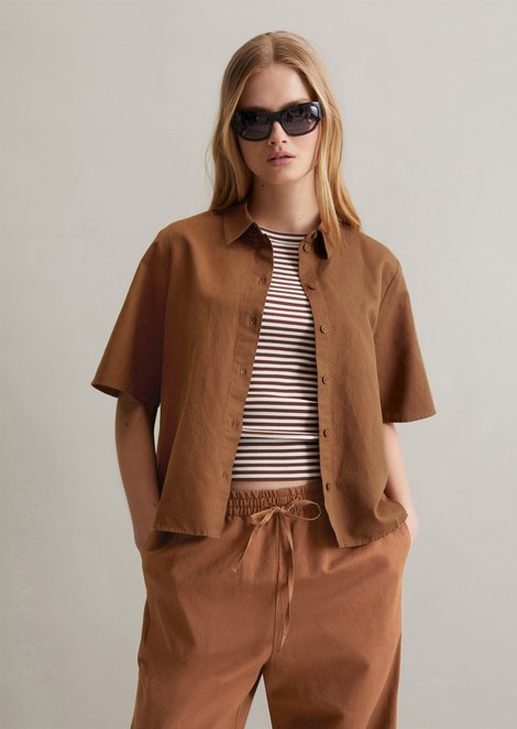 Marc O'Polo Relaxte blouse met korte mouwen, Dames, bruin, L, 53% Linnen, 47% Katoen