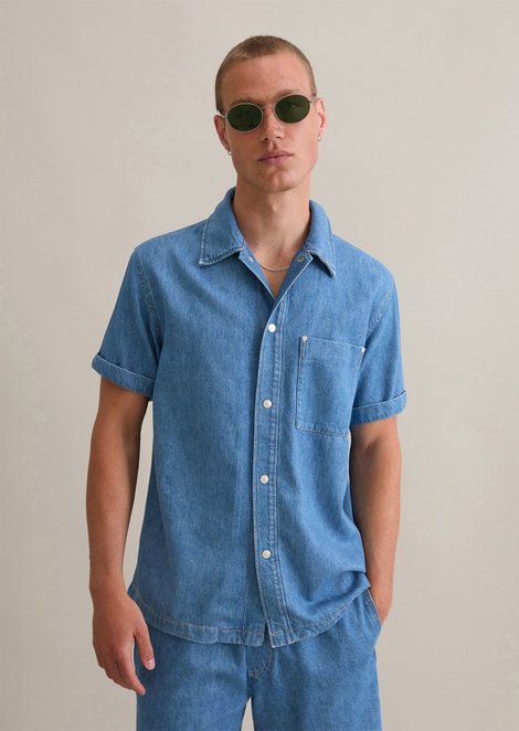 Marc O'Polo Regular denim overhemd met korte mouwen, Heren, blauw, L, 47% Katoen, 33% Lyocell, 20% Linnen