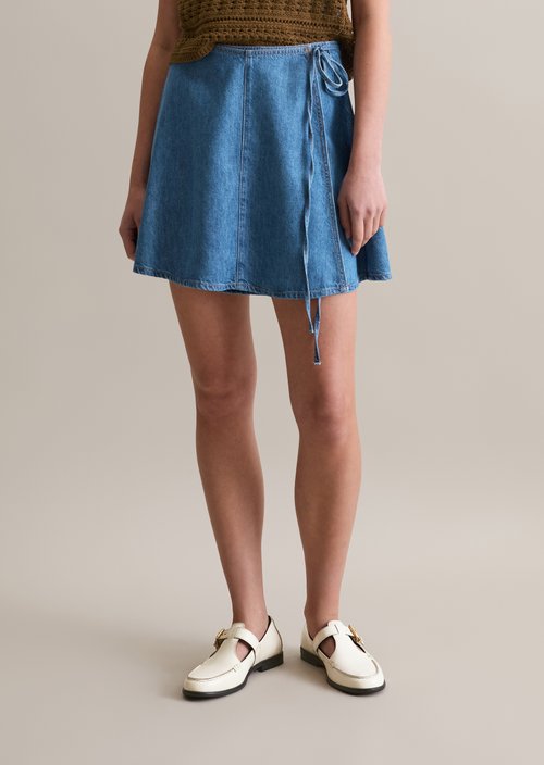 Short denim wrap skirt flared — Aqua