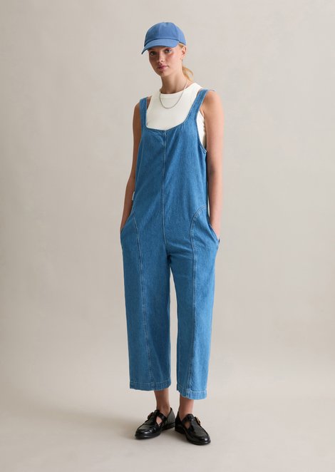 Marc O'Polo Relaxte cropped denim jumpsuit zonder mouwen, Dames, blauw, Xs, 47% Katoen, 33% Lyocell, 20% Linnen