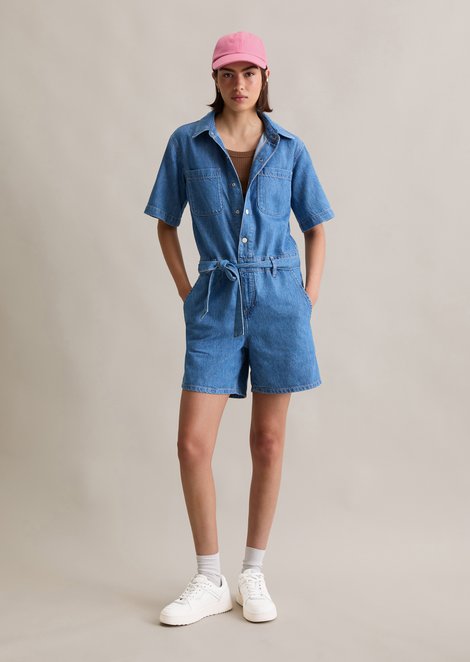 Marc O'Polo Relaxte korte denim overall, Dames, blauw, L, 47% Katoen, 33% Lyocell, 20% Linnen