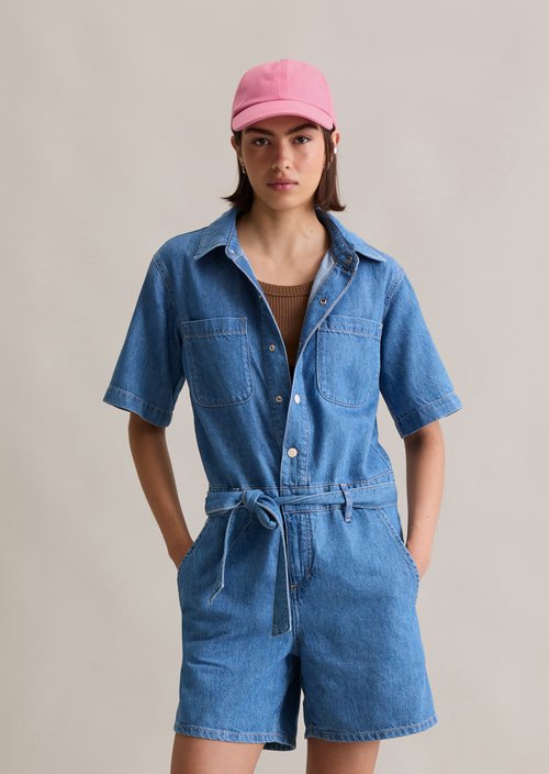 Relaxed short denim overall — Aqua