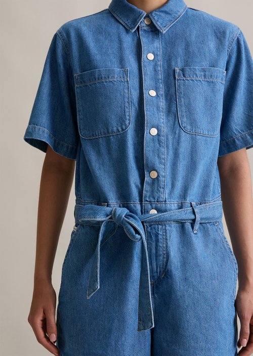 Relaxed short denim overall — Aqua
