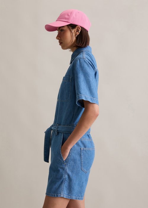 Relaxed short denim overall — Aqua