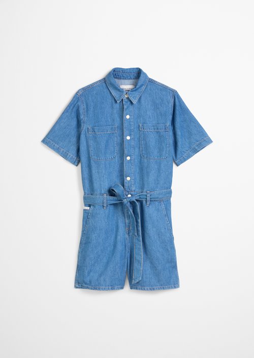 Relaxed short denim overall — Aqua