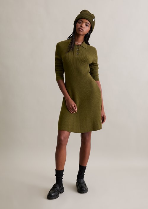 Polo knit dress A-shape — Dark Green Melange