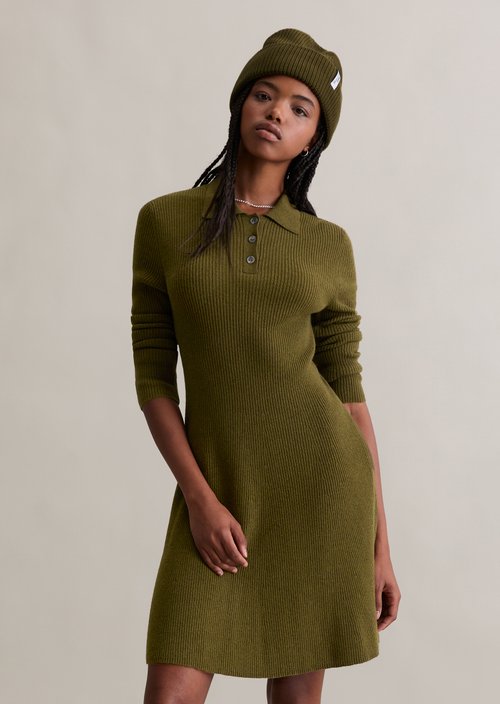 Polo knit dress A-shape — Dark Green Melange