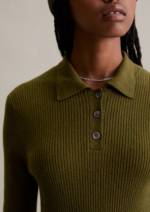 Polo knit dress A-shape — Dark Green Melange
