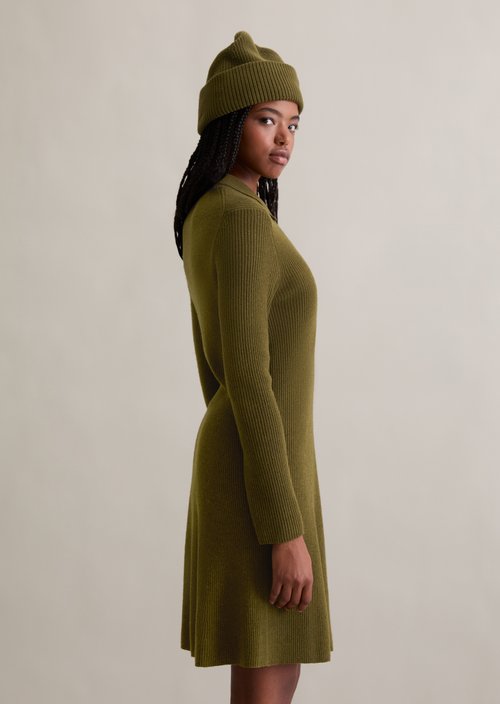 Polo knit dress A-shape — Dark Green Melange