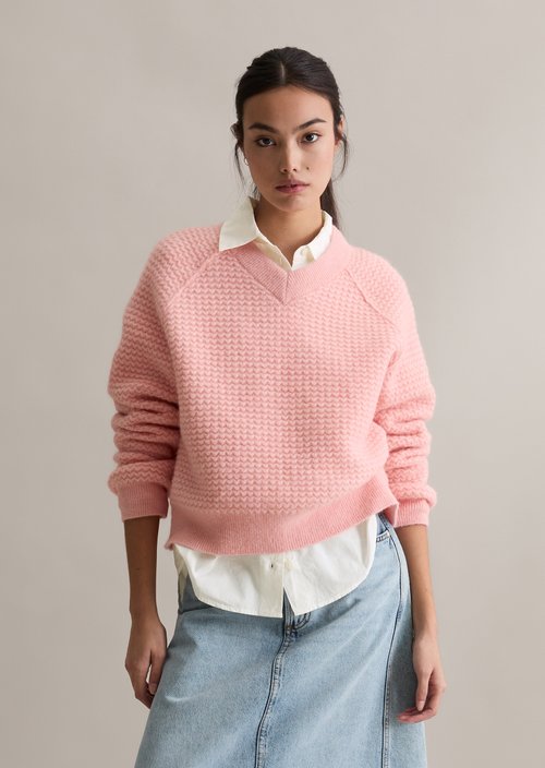 Cropped V-neck knitted sweater — Rose Powder