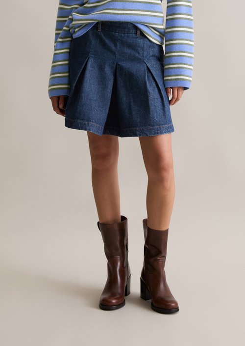 Denim pleated mini skirt — Dark Blue
