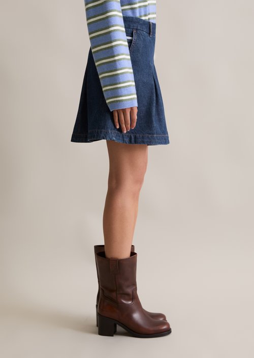 Denim pleated mini skirt — Dark Blue