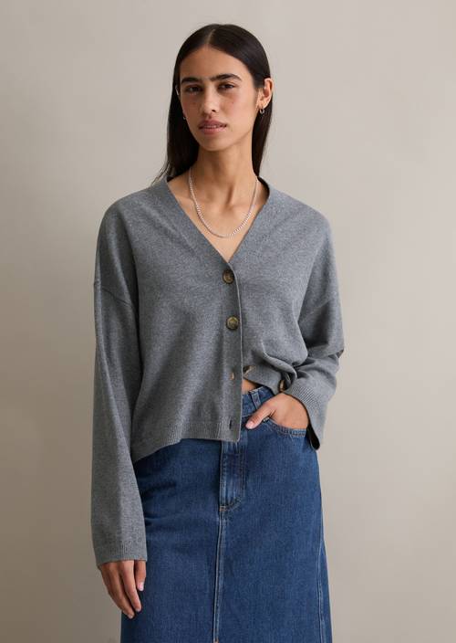 V-Neck-Cardigan relaxed Asphalt Melange in Frontalansicht