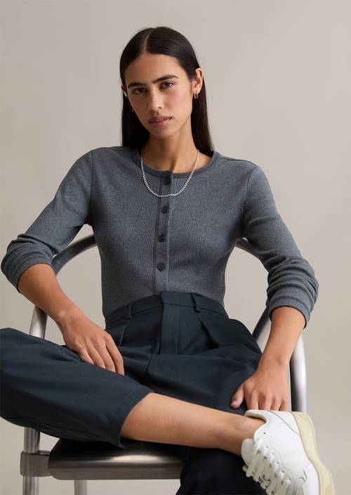 Longsleeve mit Knopfleiste slim Asphalt Melange in Frontalansicht