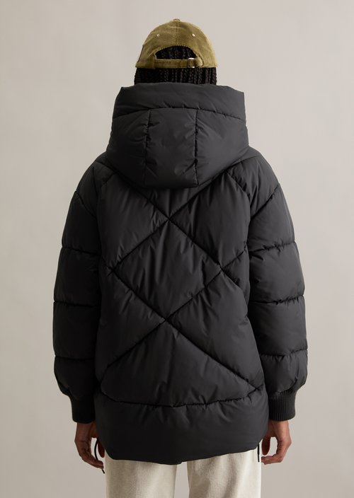 Long hooded quilted jacket relaxed — Black