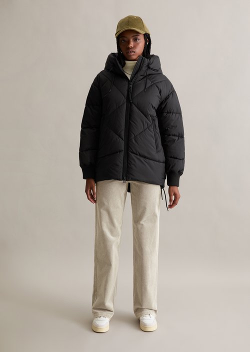 Long hooded quilted jacket relaxed — Black