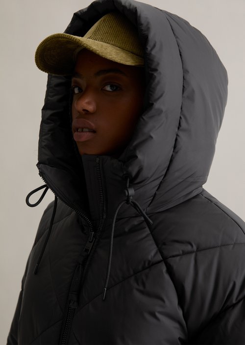 Long hooded quilted jacket relaxed — Black