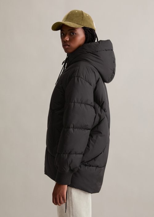 Long hooded quilted jacket relaxed — Black