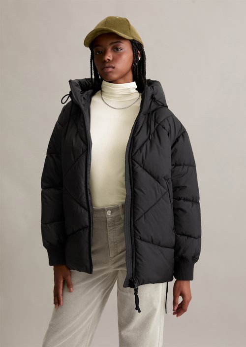 Long hooded quilted jacket relaxed — Black