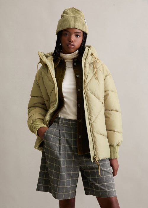 Long hooded quilted jacket relaxed — Artichoke Leaf