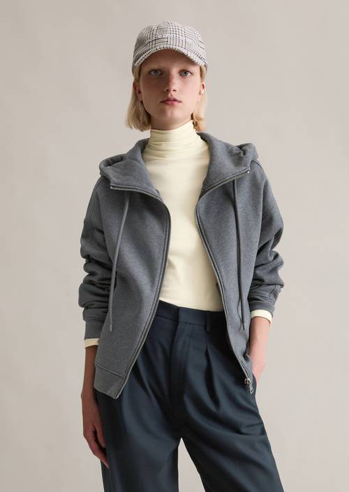 Sweat jacket with hood relaxed Asphalt Melange in front view