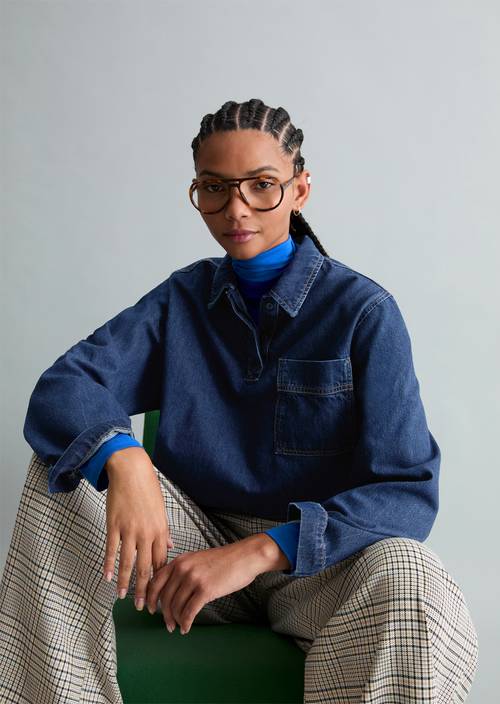 Jeans-Poloshirt oversized Dark Blue in Frontalansicht