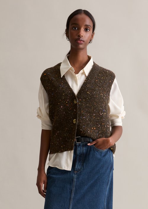 Regular sleeveless bouclé cardigan — Black Espresso