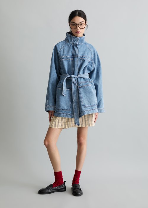 Funnel-neck denim jacket relaxed — Medium Blue