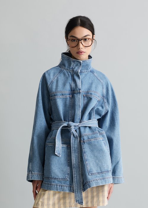Funnel-neck denim jacket relaxed — Medium Blue