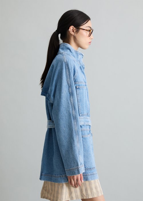 Funnel-neck denim jacket relaxed — Medium Blue