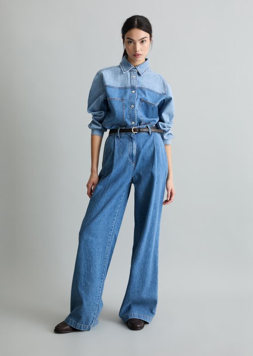 Relaxed denim blouse in a patchwork look — Medium Blue