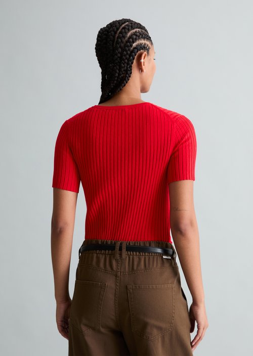 Fine knit short-sleeved pullover slim — Carmine Red