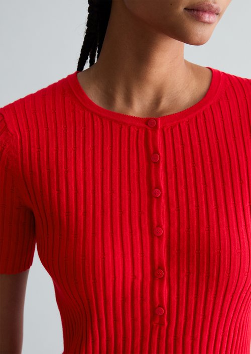 Fine knit short-sleeved pullover slim — Carmine Red