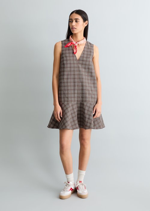 Checked flounce dress regular — Dark Brown