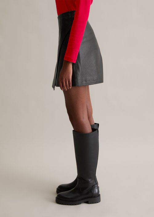 Flared leather mini skirt in a wrap style — Black