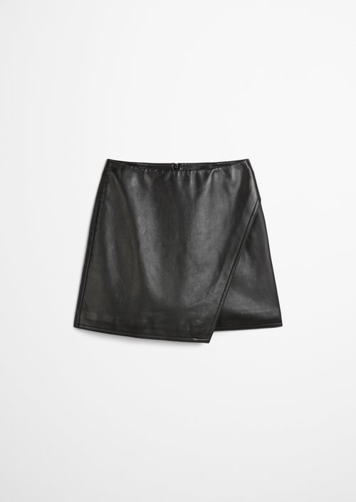 Flared leather mini skirt in a wrap style — Black