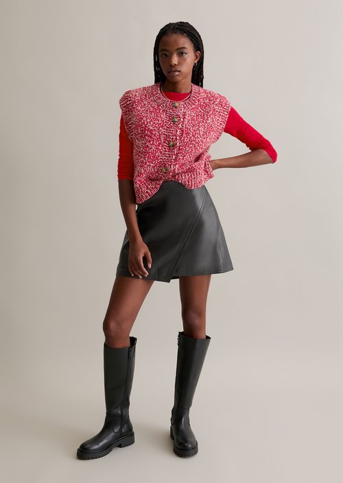 Flared leather mini skirt in a wrap style — Black