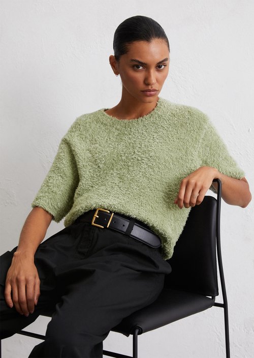 Fuzzy knit short sleeve sweater loose — Smooth Sage