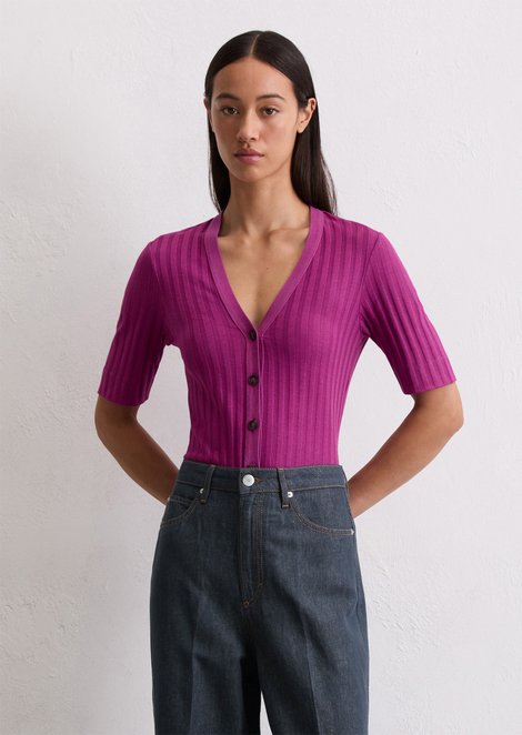 Marc O'Polo Pointelle vest korte mouw slim, Dames, roze, Xxs, 50% Modal, 50% Katoen