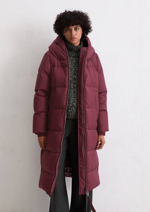 Puffer donsjas met capuchon regular Aubergine Red in vooraanzicht