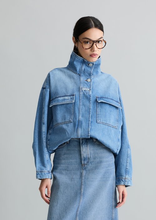 Oversize funnel-neck denim blouson — Medium Blue