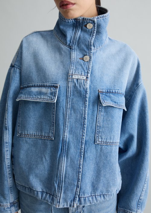 Oversize funnel-neck denim blouson — Medium Blue