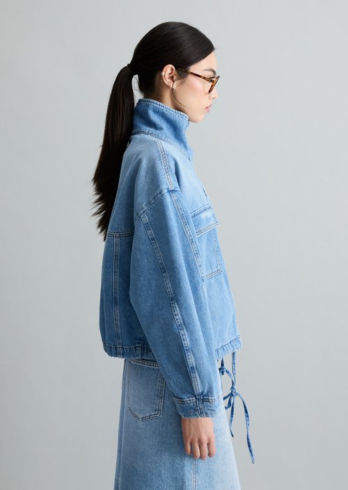 Oversize funnel-neck denim blouson — Medium Blue