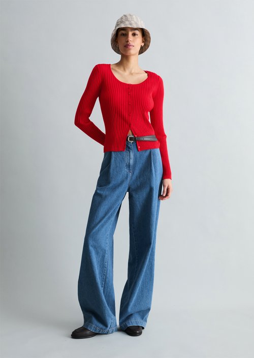 Rib knit cardigan slim — Carmine Red