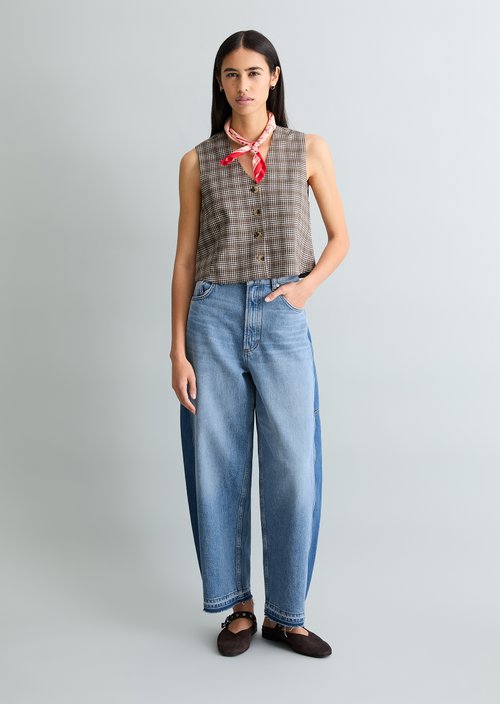 Marc O'Polo Geruit gilet regular, Dames, bruin, Xxs, 70% Katoen, 30% Linnen