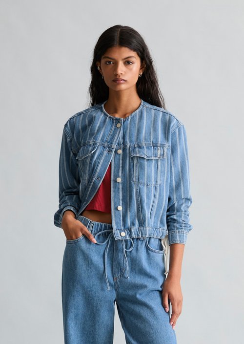 Boxy Striped Denim Jacket — Medium Blue